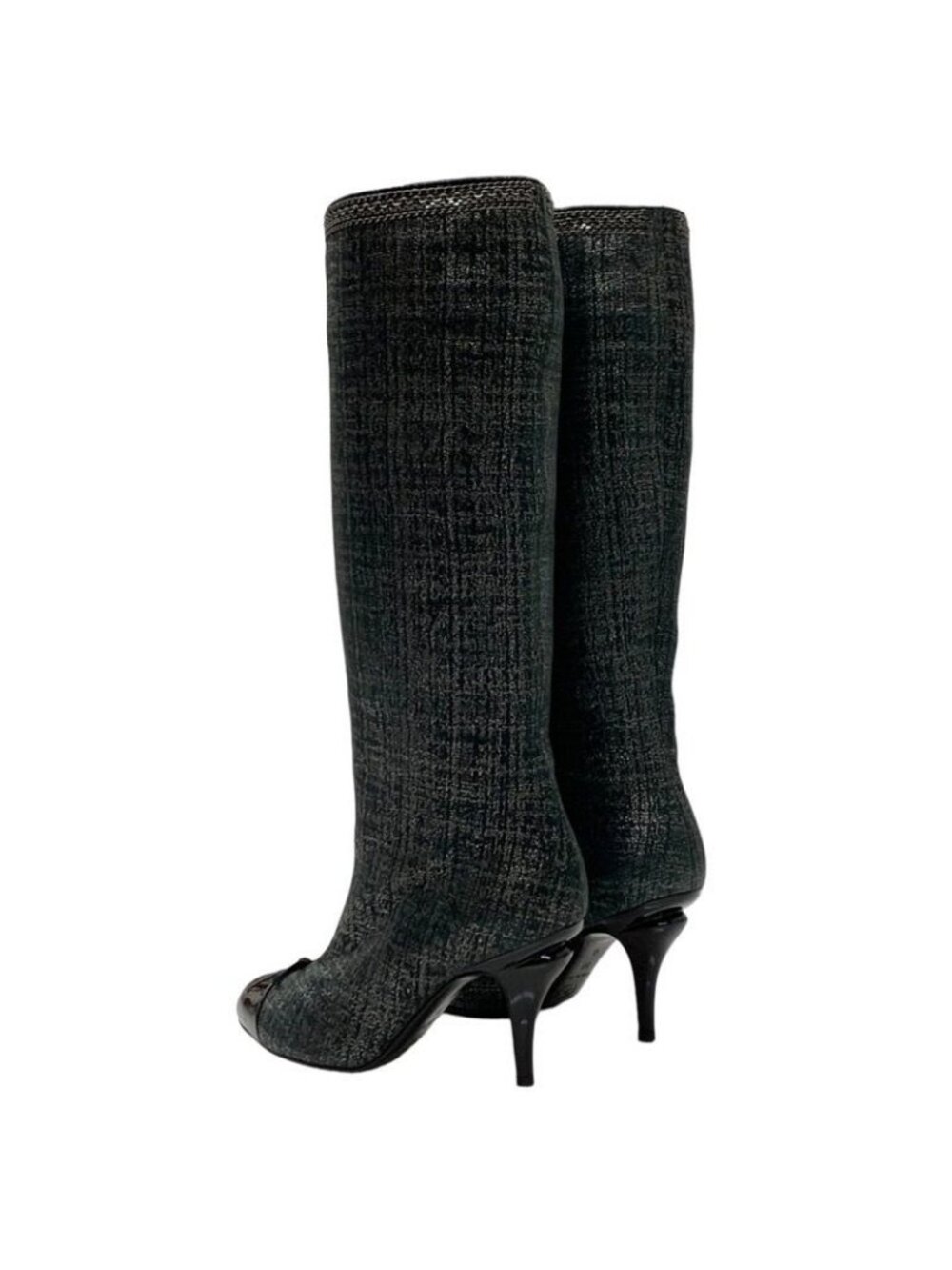 Chanel Boots Long Coco Mark Ribbon Chain Fabric Black - Picture 5 of 11